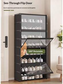 Dustproof Shoe Cabinet With Transparent Flip Cover, Large Capacity Shoe Organizer, Sturdy And Durable, Suitable For Small Apartments, No Installation Required - Black - View 6