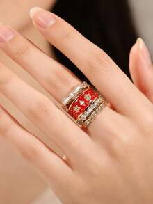 4 piezas de anillos de piedra de circonita cúbica de lujo, adecuados para mujeres, ideales para bodas, compromisos, fiestas de aniversario, regalo del Día de San Valentín - 5# - Ver 3