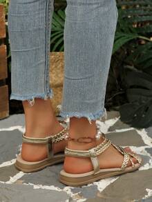 Outdoor Woven Comfortable Flat Women's Sandals, Elegant PU Leather Patchwork Beach Shoes For Summer - Gold - View 6
