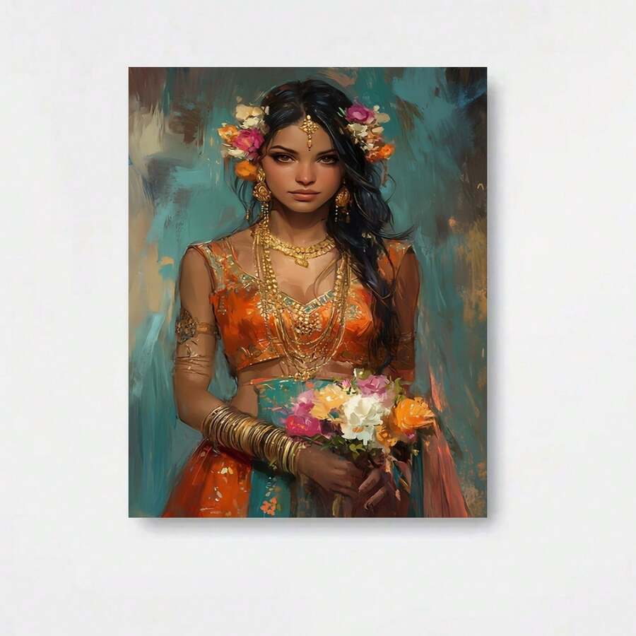 2D Plano, 1 Pieza Enmarcada de Mujer India con Flores en el Cabello - Marco de Madera Estilo Victoriano/Vintage/Art Deco, Póster de Lienzo Envolvente, Tinta Cultural para Sala, Dormitorio, Decoración de Oficina - Listo para Colgar en Interiores/Adecuado para Decoración de Invierno/Verano - Regalo - Enmarcado - View 1