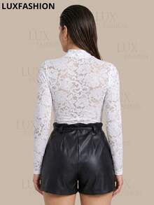 Women's Lace Bodysuit, Long Sleeves, High Neck, Transparent, Elegant, Winter Fashion - trắng - Xem 3