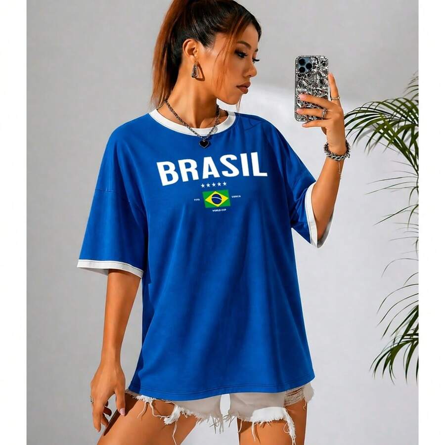 Women's Brazil Yellow T-Shirt In Various Colors, Brazilian National Team Style, 100% Premium Cotton - Màu xanh lam - Xem 1