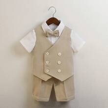 Young Boy 4pcs/Set Formal Vest, Short Sleeve Shirt, Shorts And Bow Tie Suit For Summer - Khaki - View 13