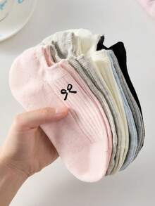 5 pares de calcetines de tobillo sólidos con lazo bordado lindo para mujeres, calcetines invisibles antideslizantes para uso diario, adecuados para todas las estaciones, entrega de colores aleatorios - Multicolor - Ver 7