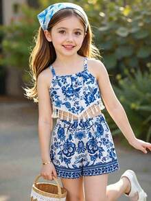 Set de 2 bucăți de vară, top camisol cu imprimeu floral retro vintage și decor cu ciucuri + set de pantaloni scurți casual cu imprimeu floral retro vintage, pentru fete tinere - Albastru regal - Vizualizare 4
