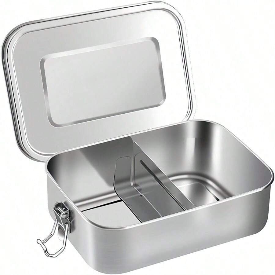 1pc SUS304 Stainless Steel Bento Box With Divider, 1400ML/850ML Metal Lunch Box Food Storage Container, Lockable Clips Anti-Leakage, Dishwasher Reusable Lunch Snack Box, Suitable For Work, Camping, Picnic - Silver - View 1