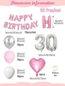 13/50/52件組女性粉色生日裝飾套裝－生日快樂橫幅＋愛心形鋁箔氣球＋粉色、白色與金屬銀加厚乳膠氣球，適用於生日派對、成人生日、15-30歲、40歲生日裝飾、拍照背景裝飾 - 彩色 - 查看 25