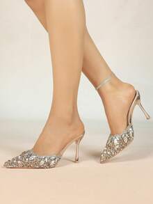 Sandálias de Salto Alto de Moda Feminina, Design de Bico Fino Sem Costas, Decoração de Strass Brilhante, Sandálias de Salto Alto Fino com Tira no Tornozelo, Salto Alto Elegante Sexy Sólido com Babado/Assimétrico/Fivela Irregular Strass para Festa, Casamento, Escritório, Férias, Praia, Interno e Externo, Primavera/Verão, Todas as Estações - Champanhe - Visão 2