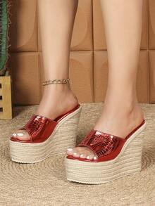 Sandal Hak Tinggi Wanita, Gaya Bohemian, Bahan Anyaman Jerami, Penutup Gesper Tali Pergelangan Kaki, Desain Ujung dan Tumit Terbuka, Platform Wedges Ujung Bulat Klasik, Sol Tali, Gaya Musim Panas untuk Aktivitas Luar Ruangan, Sandal Pantai Seksi Warna Aprikot Reguler - Merah - View 3