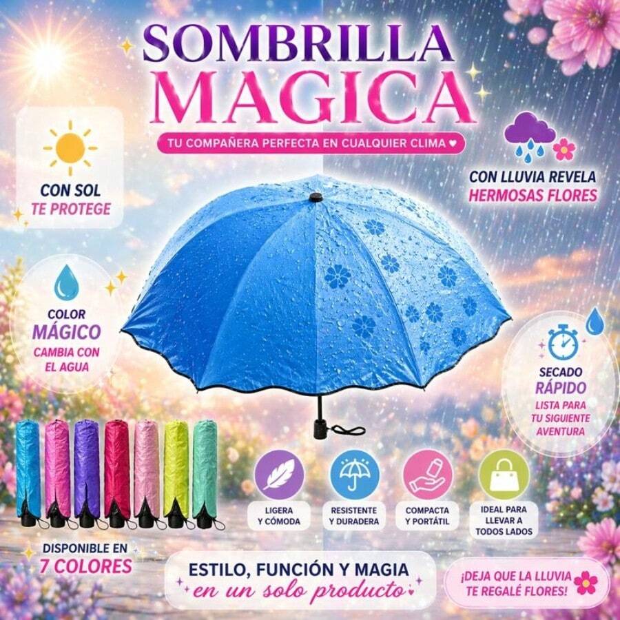 Sombrilla Mágica de Bolsillo – Compacta con Figuras que Aparecen con el Agua - Rosa Fucsia - Ver 1