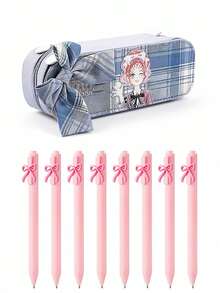 1 Set JK Plaid Schoolgirl Bow Pencil Case Set, Ins Style Large Capacity Student Stationery Bag + Neutral Pen, Suitable For Students - Bow Pencil Case - View 5