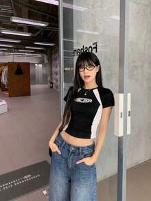 Women's Summer Letter Print Contrast Color Round Neck Short Sleeve Cropped Fitted T-Shirt Casual Black - Black - View 4