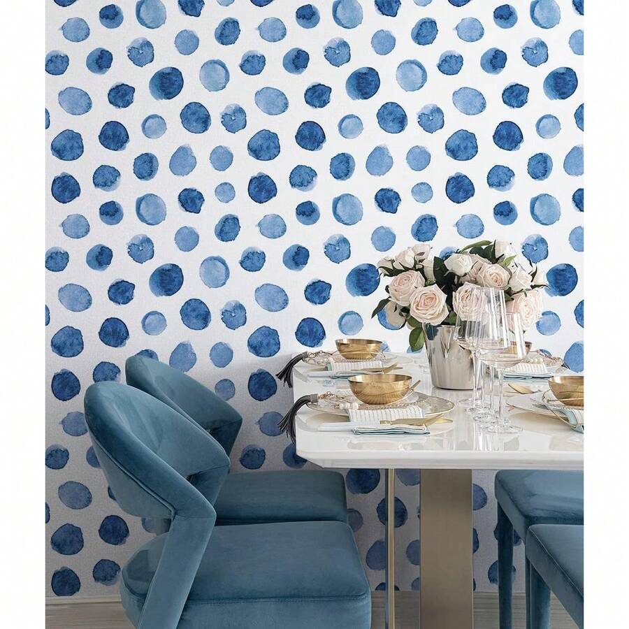 1 Roll Blue Polka Dot Self-Adhesive Wallpaper, Watercolor Dot Removable Peel And Stick Wallpaper, Bohemian Style For Room, Cabinet, Home Decor, 44CM*100/300/500CM