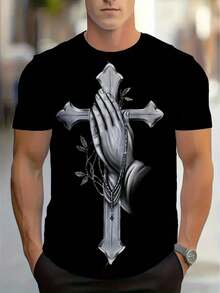 T-shirt 100% per Uomo e Donna con Stampa Geometrica di Mani in Preghiera e Croce - Design Religioso in Bianco e Nero, Vestibilità Regolare, Collo Tondo, Manica Corta, Ideale per Abbigliamento Casual, Giardinaggio, Halloween, Natale, Ringraziamento, Regalo di Compleanno - Adatta a Tutte le Stagioni - nero - Visualizzare 1