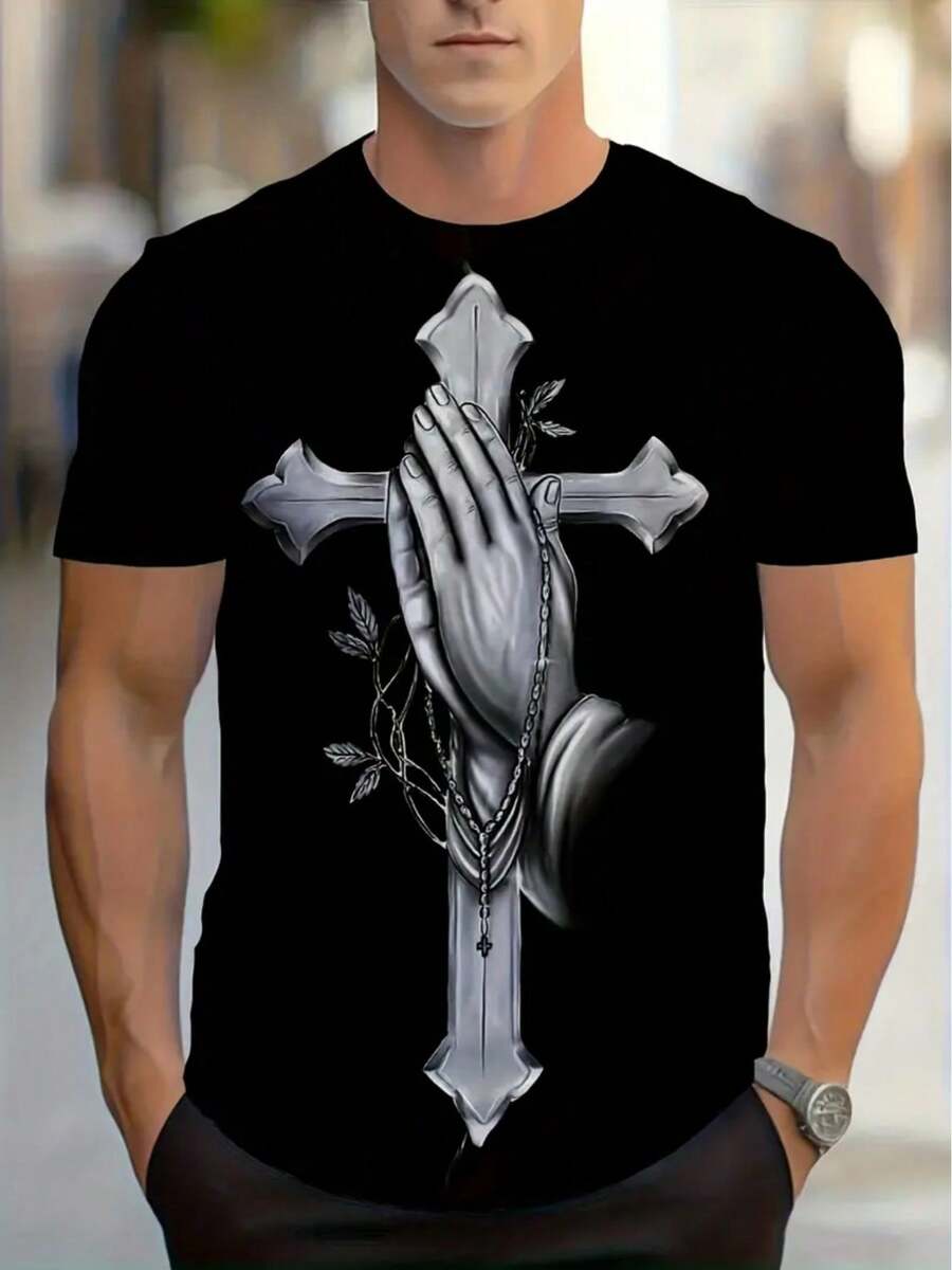 T-shirt 100% per Uomo e Donna con Stampa Geometrica di Mani in Preghiera e Croce - Design Religioso in Bianco e Nero, Vestibilità Regolare, Collo Tondo, Manica Corta, Ideale per Abbigliamento Casual, Giardinaggio, Halloween, Natale, Ringraziamento, Regalo di Compleanno - Adatta a Tutte le Stagioni - nero - Visualizzare 1