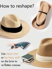 1pc Vacation Casual Braided Jazz Cap Straw Hat - 米色 + 扭曲裝飾 - 查看 7
