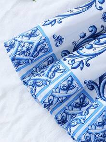 Young Girl Bohemian Floral Print Camisole Top & Midi Skirt Set, Vacation Fashion - Blue - View 6