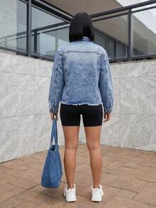 Solid Color Frayed Edge Dropped Shoulder Long Sleeve Distressed Fashion Jacket - Light Wash - View 3