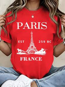 Women's T-Shirt With A Print Of The Eiffel Tower From Paris, A Casual French Short-Sleeved Top. Whether You're Working, Traveling, Shopping, Or Relaxing At Home, This Comfortable Striped T-Shirt Is An Essential Part Of Your Summer Wardrobe And Makes A Great Gift For Friends. - 紅色 - 查看 1