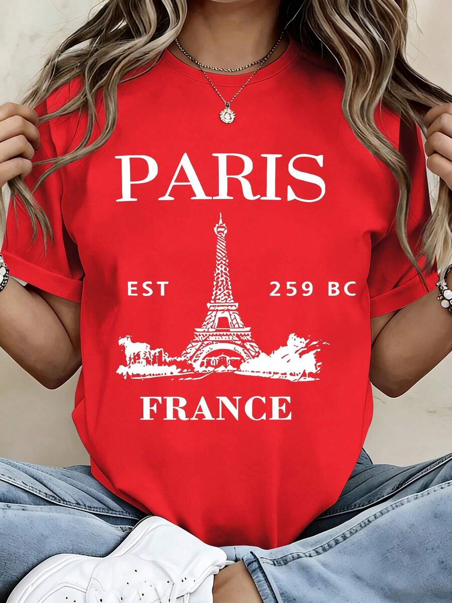 Women's T-Shirt With A Print Of The Eiffel Tower From Paris, A Casual French Short-Sleeved Top. Whether You're Working, Traveling, Shopping, Or Relaxing At Home, This Comfortable Striped T-Shirt Is An Essential Part Of Your Summer Wardrobe And Makes A Great Gift For Friends. - 紅色 - 查看 1