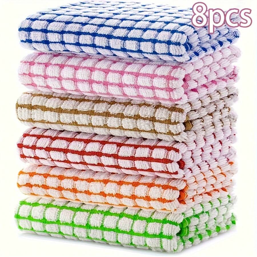 8 Pieces Of Highly Absorbent Cleaning Cloths - Heavy-Duty Dish Towels, Multi-Purpose For Kitchen, Restaurant, And Living Room Cleaning - Quick-Drying, Reusable Napkins And Tea Towels - Stackable Design For Space-Saving Storage - Suitable For Home, Restaurant, Cafe, Kitchen Essentials, Checkered Pattern, Durable Fabric, Multi-Purpose Towels, Restaurant Supplies, Kitchen Wipes, Kitchen Towels, Kitchen Tea Towels, Kitchen Napkins, Kitchen Accessories - 8 Items - View 1