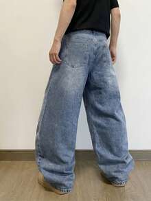 Quần jeans ống rộng dáng suông LIYS dành cho nam, màu xanh nhạt cổ điển, kiểu dáng rộng rãi, phong cách đường phố thường ngày. - Màu xanh lam - Xem 2