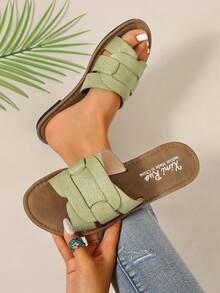 Ximi Ruo Korean Style Casual Flat Slippers, Women's Shoes, Open Toe Sandals For Spring, Summer, Suitable For Dresses, Beach, Apartment, Brown Flat Slippers For Women To Wear Outside - Lime Green - View 5