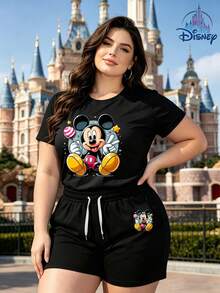 Disney Official Licensed | Disney Mickey Mouse Lollipop Print Women's Casual Short Sleeve T-Shirt & Shorts Set - Fun & Playful American Casual Style, Soft Breathable Fabric, Crew Neck, Ideal For Vacation, Travel & Daily Casual Wear - 黑色 - 查看 1