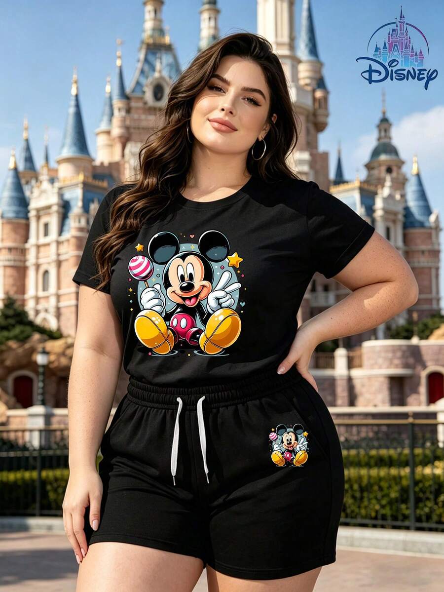 Disney Official Licensed | Disney Mickey Mouse Lollipop Print Women's Casual Short Sleeve T-Shirt & Shorts Set - Fun & Playful American Casual Style, Soft Breathable Fabric, Crew Neck, Ideal For Vacation, Travel & Daily Casual Wear - 黑色 - 查看 1