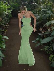 Vestido largo estilo europeo con cuello colgante mariposa corte hueco espalda descubierta y diseño de cola de pez - Verde - Ver 1