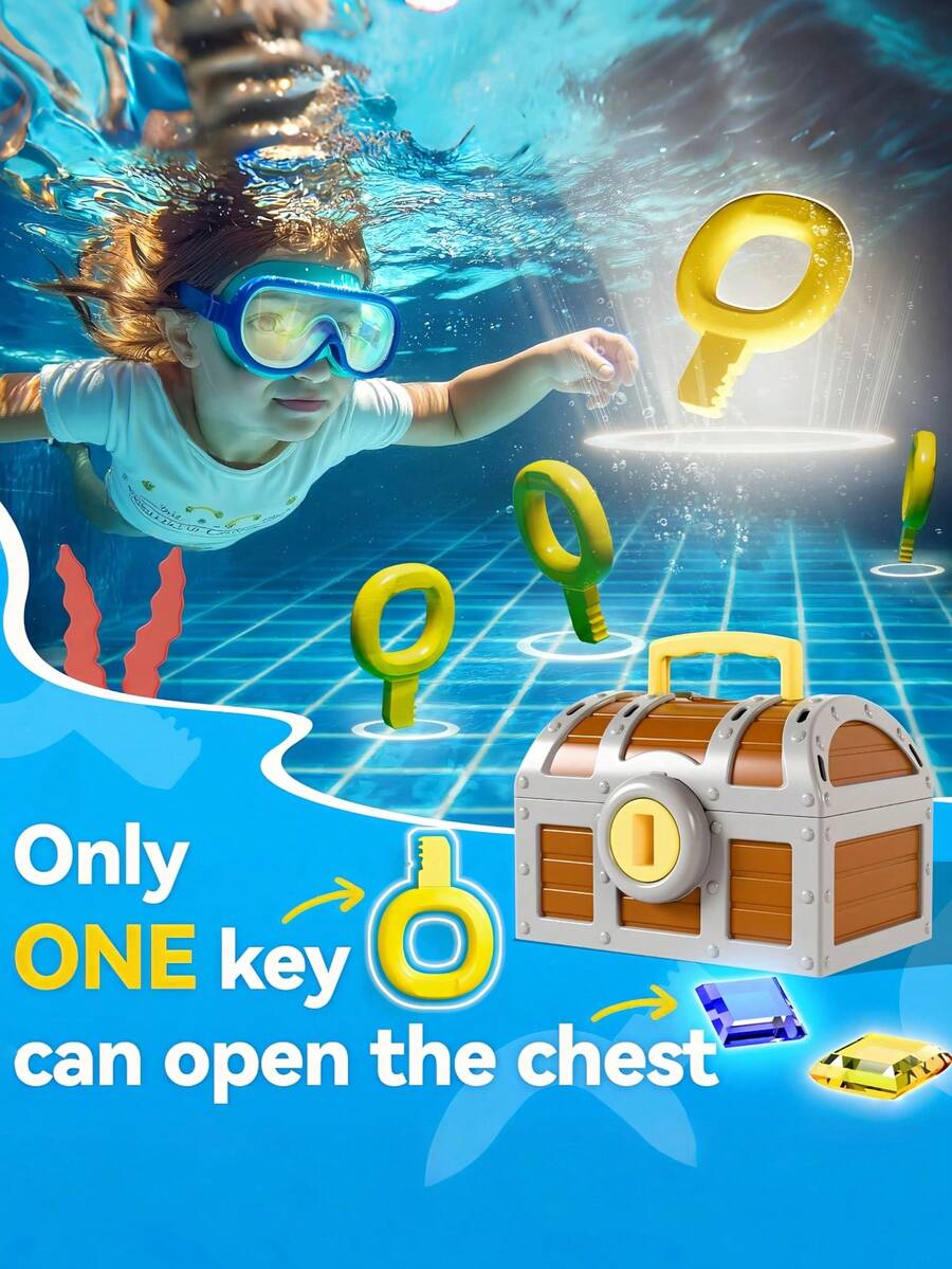 Kids Diving Pool Treasure Chest Toy With Keys, Gems & Fish, Toddler Outdoor Swimming Playset, Summer Water Dive Beach Game, Party Gifts For Girls Ages 3-8 Pool Toys Beach Toys Bath Toys Boy Toys Water Toys Toys For Boy Outdoor Games Kids Toys