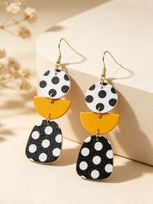 1 Pair Geometric Layered Polka Dot Dangle Earrings, New Fashionable Retro Black & White Contrast Metal Ball Stud Unique Design Leather Earrings For Women, Long Versatile Personalized Exaggerated Earrings, Lightweight Leather Material, Gift For Girlfriend/Friend - Leather Earrings - View 6