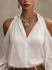 Elegant & Comfortable White Collar Lantern Sleeve Cold Shoulder Top, Spring/Summer - White - View 3