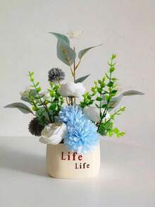 1 pieza Planta artificial de rosa estilo Ins en maceta, decoración de escritorio con letra "Vida", flor artificial adecuada para estudiantes - Adorno floral artificial con la letra "Life" - Ver 8