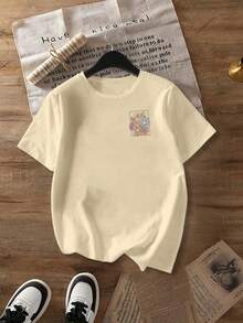 Graphic Print Short Sleeve Round Neck Casual Women Tops, Suitable For Summer And Spring - Apricot - View 4