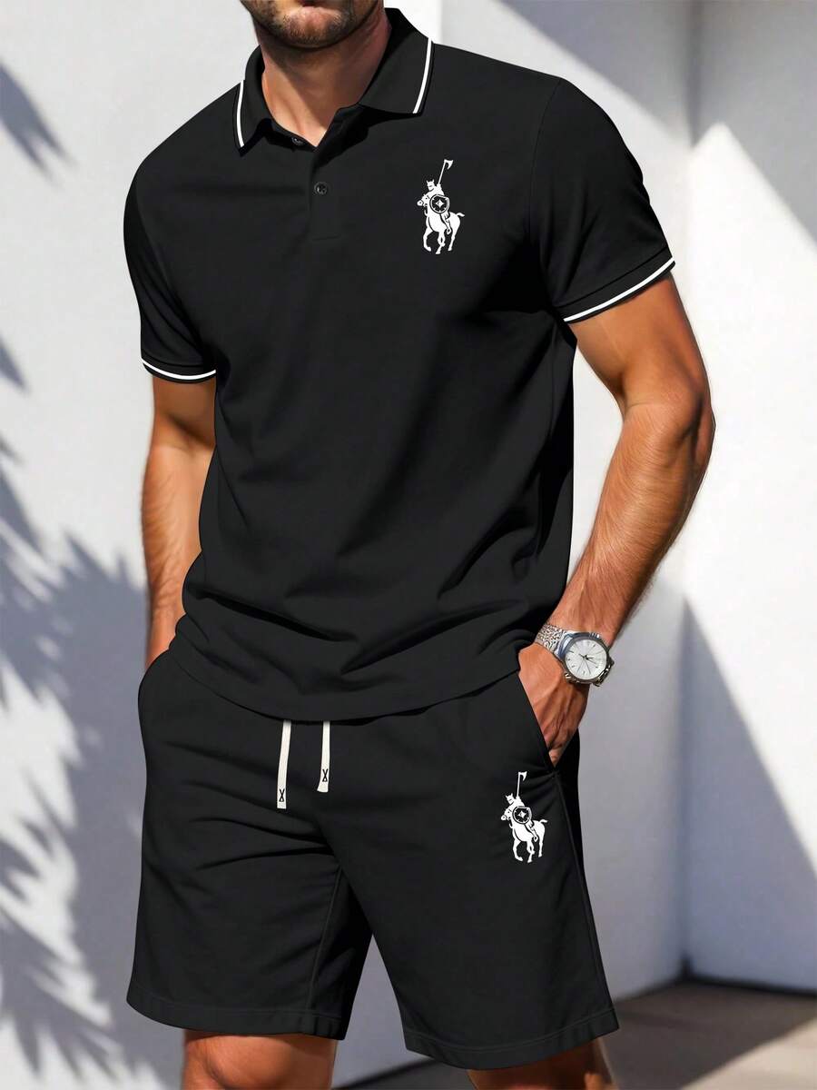 Bộ áo polo và quần short nam mùa hè nhẹ nhàng, họa tiết hiệp sĩ, quần short có dây rút ở eo và túi tiện dụng, trang phục đi biển thời trang, phù hợp cho chơi golf, tập gym, bóng rổ, cắm trại, món quà mùa hè tuyệt vời cho chồng hoặc bạn trai. - màu đen - Xem 1