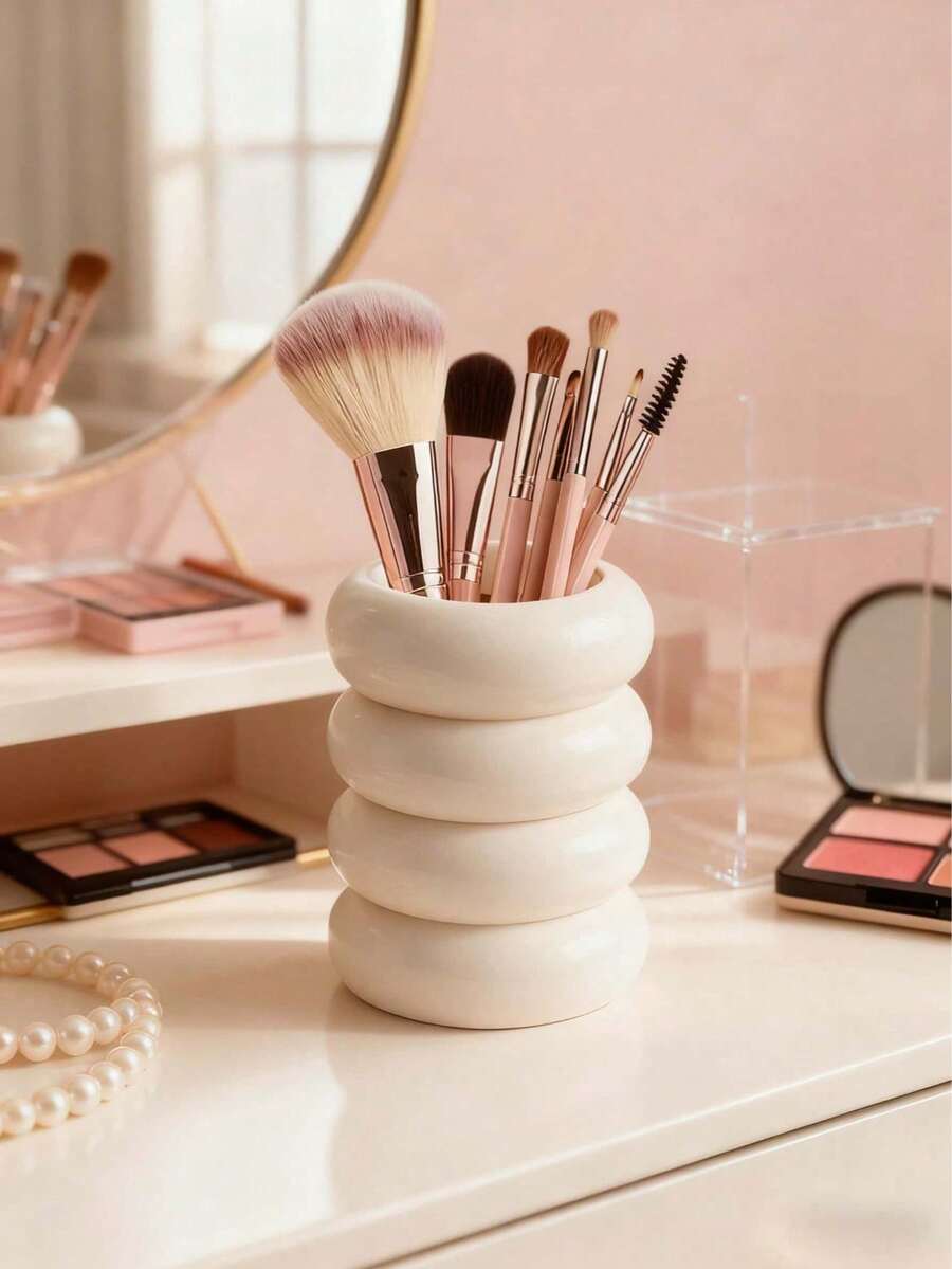 1pc Stacked Donut Shaped Makeup Brush Holder, Suitable For Vanity, Countertop, Dresser, Bathroom, Stylish Decorative Storage Container For Makeup Brushes, Pencils, And Beauty Products