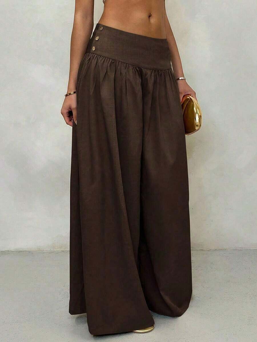 Retro Low-Waisted Wide Leg Pants, Flowy & Slimming Casual Women Long Trousers Fall Women Clothes Back To School - 卡其色 - 查看 1