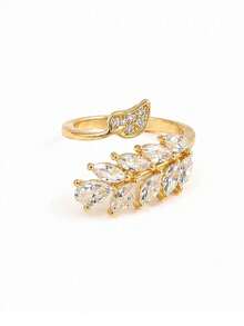 1pc Glamorous Cubic Zirconia Decor Leaf Design Wrap Ring For Women For Gift - Yellow Gold - View 8