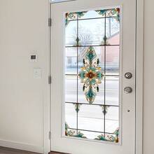 1pc Faux Stained Glass Floral Pattern Door Decal, Blue & Gold European Style, Glass-Friendly Non-Adhesive Decorative Piece - Multicolor - View 5