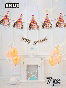 7/14/21 pièces Bannière personnalisée amusante avec visage, guirlande photo 1er anniversaire, décorations de fête personnalisées, fanion d'anniversaire personnalisé, bannière photo de visage de bébé - Multicolore - Voir 16