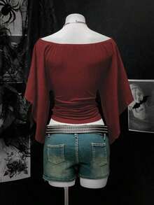 Women's Solid Color Ruched Off Shoulder Cinched Waist Retro Sexy T-Shirt - Royal Blue - View 9