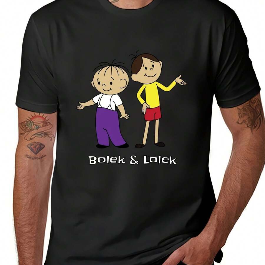 Men'S Bolek & Lolek Cartoon Graphic T-Shirt - Soft, Comfortable Crew Neck Short Sleeve Casual Tee With Playful Character Print, Quick-Dry, Durable Material, Perfect For All Seasons, Everyday Tshirt | Playful Print Tee | Comfortable Fit - 黑色 - 查看 1
