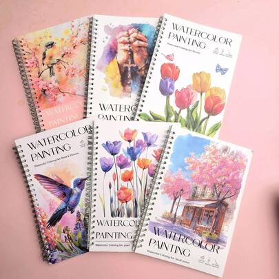 2本花卉、鸟类、角落和圣经图案水彩素描本，附12幅绘画教程涂色书，手绘线条，艺术爱好者的最佳礼物