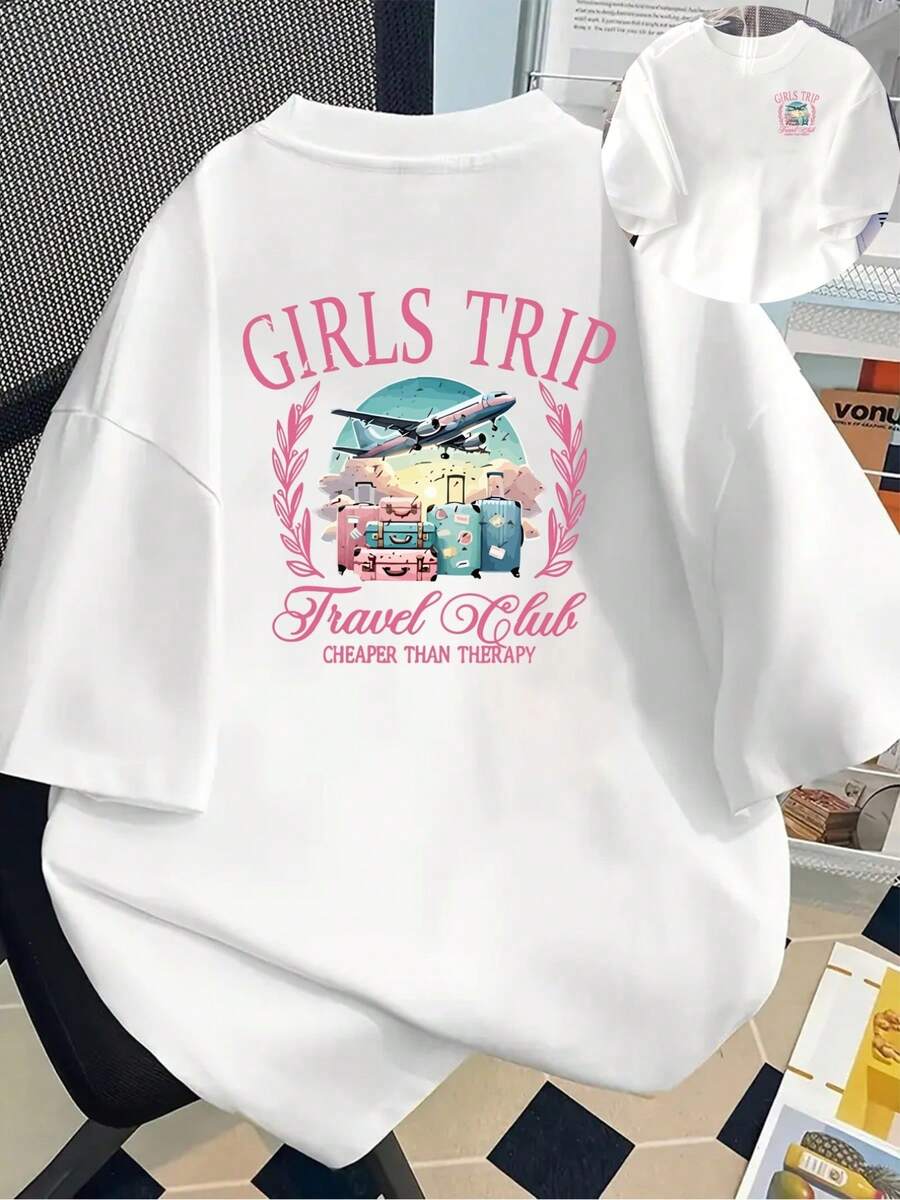 Girls Trip, Travel Club Printed Short Sleeve T-Shirt With Front And Back Patterns - Fashion Printed T-Shirt For Women, Spring/Summer, Your Best Choice! - White - View 1