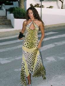 Bold Leopard Print Halter Bodycon Dress, Women's Keyhole Cutout Open Back Maxi Dress, Sheer Mesh High-Waisted Party Dress, Suitable For Cocktail Events, Evening Banquets, Girls' Night Out, Concerts, Music Festivals & All-Season Statement Outfits - 黃色 - 查看 4