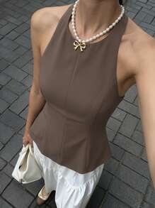 Buzzelle Women's Solid Color Round Neck Sleeveless Ruffle Hem Patchwork Halter Neck Top Summer - Brown - View 1