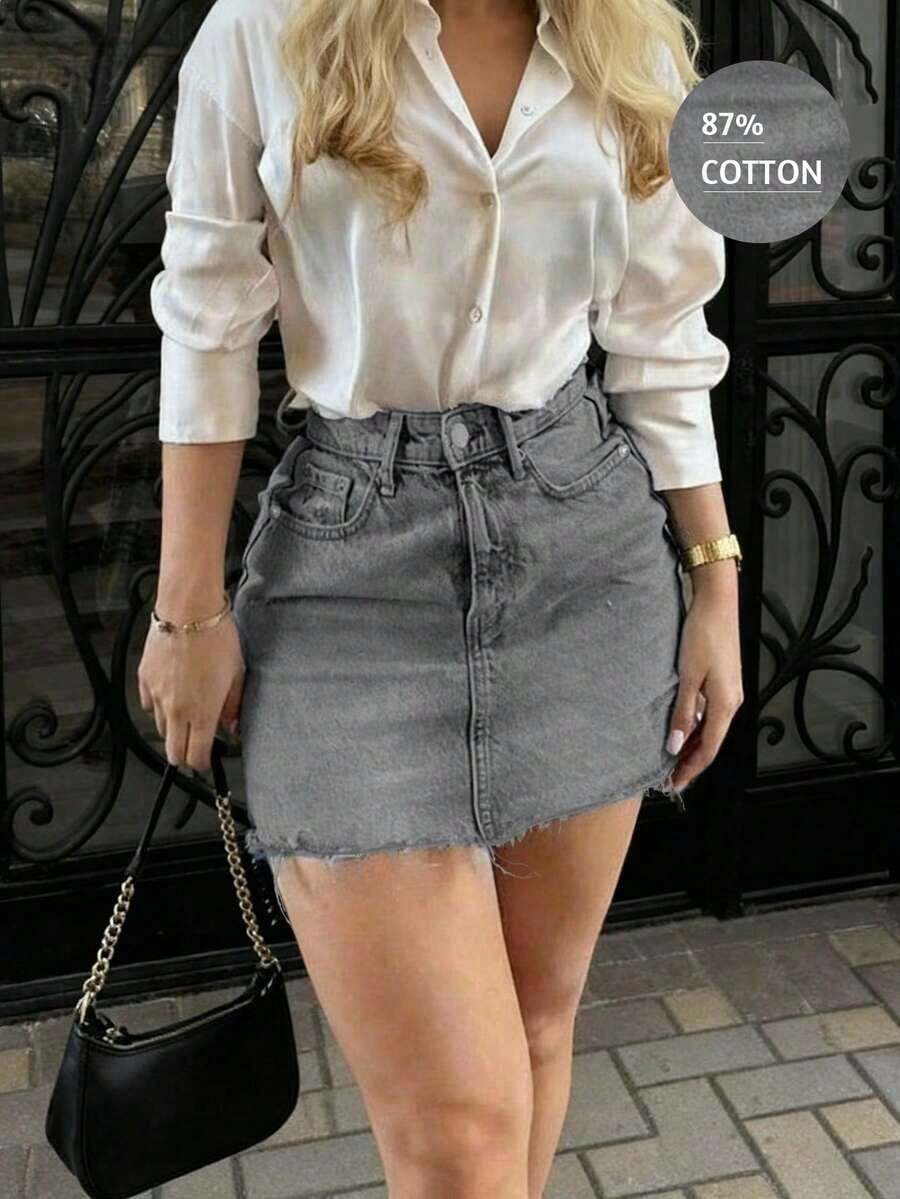 Minifalda de mezclilla con dobladillo deshilachado estilo retro Y2K, falda ajustado ajustada de cintura alta con forma de corazón, diseño de verano, vestido de verano para mujer, ropa de verano para mujer, falda de mezclilla, ropa casual - Gris - Ver 1