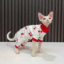 樱桃胡萝卜小猫四脚睡衣，高领无毛猫服装，保暖宠物服，INS风卡通印花，可爱高领弹力宠物服装 - 紅色 - 查看 10