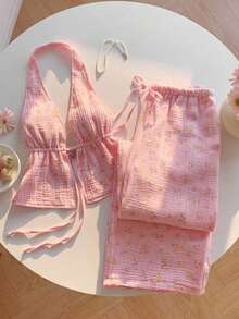 Pieces Outfits Tie Up Halter Neck Backless Tank Top And Wide Leg Drawstring Pants Set Clubwear, Vacation Outfits Women, Beach Outfits For Woman, Rave Outfits, Hawaii Outfits Women Island Vacation Outfits - 黃色 - 查看 3